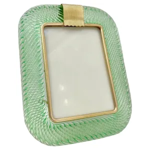 2000s Barovier Toso Italian Chartreuse Green Murano Glass Brass Picture Frame 