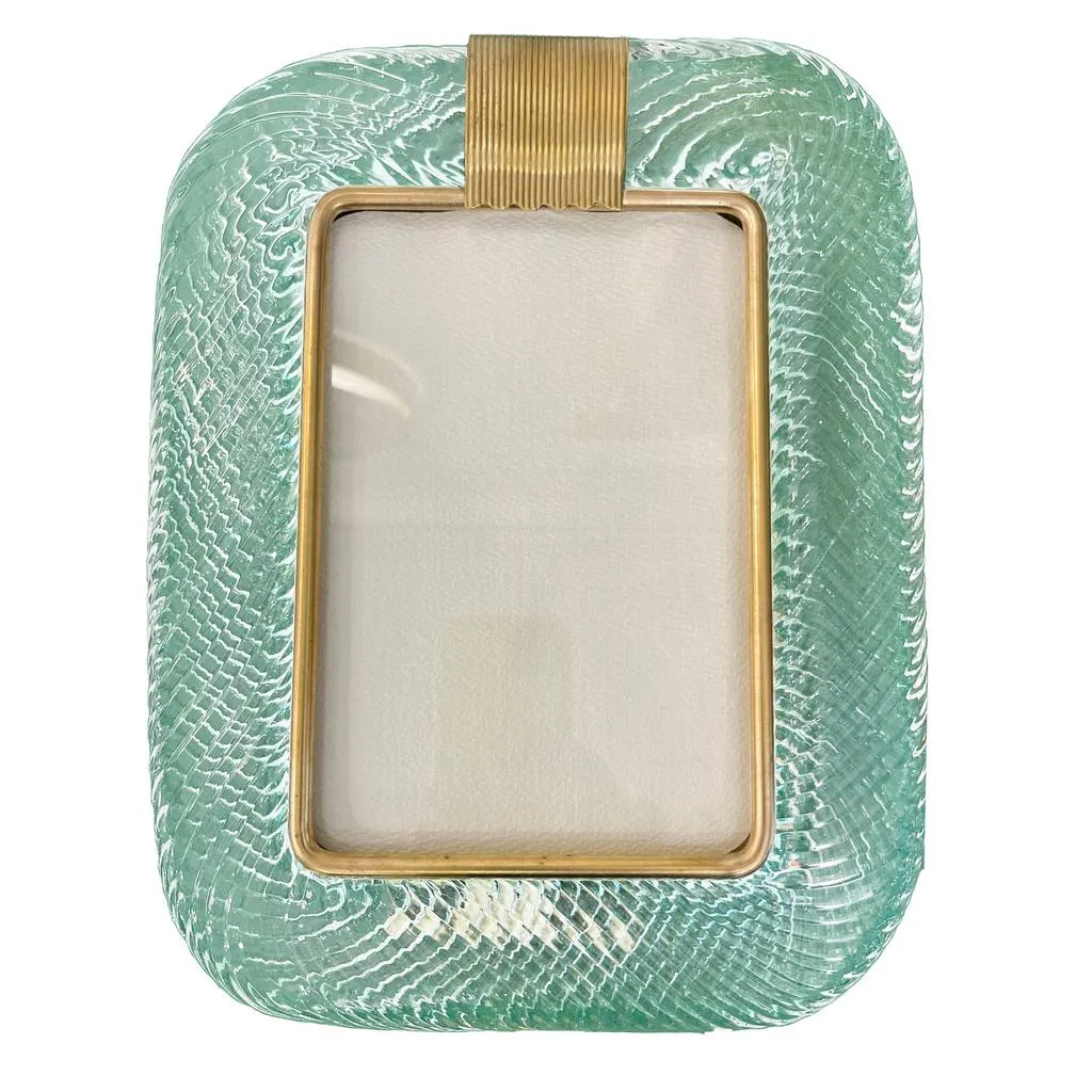 2000s Barovier Toso Italian Chartreuse Green Murano Glass Brass Picture Frame 
