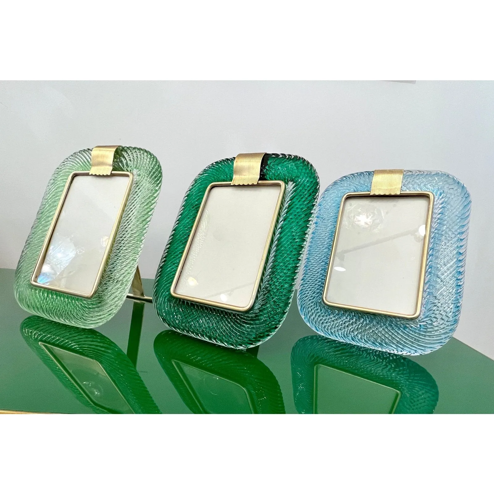 2000s Barovier Toso Italian Chartreuse Green Murano Glass Brass Picture Frame