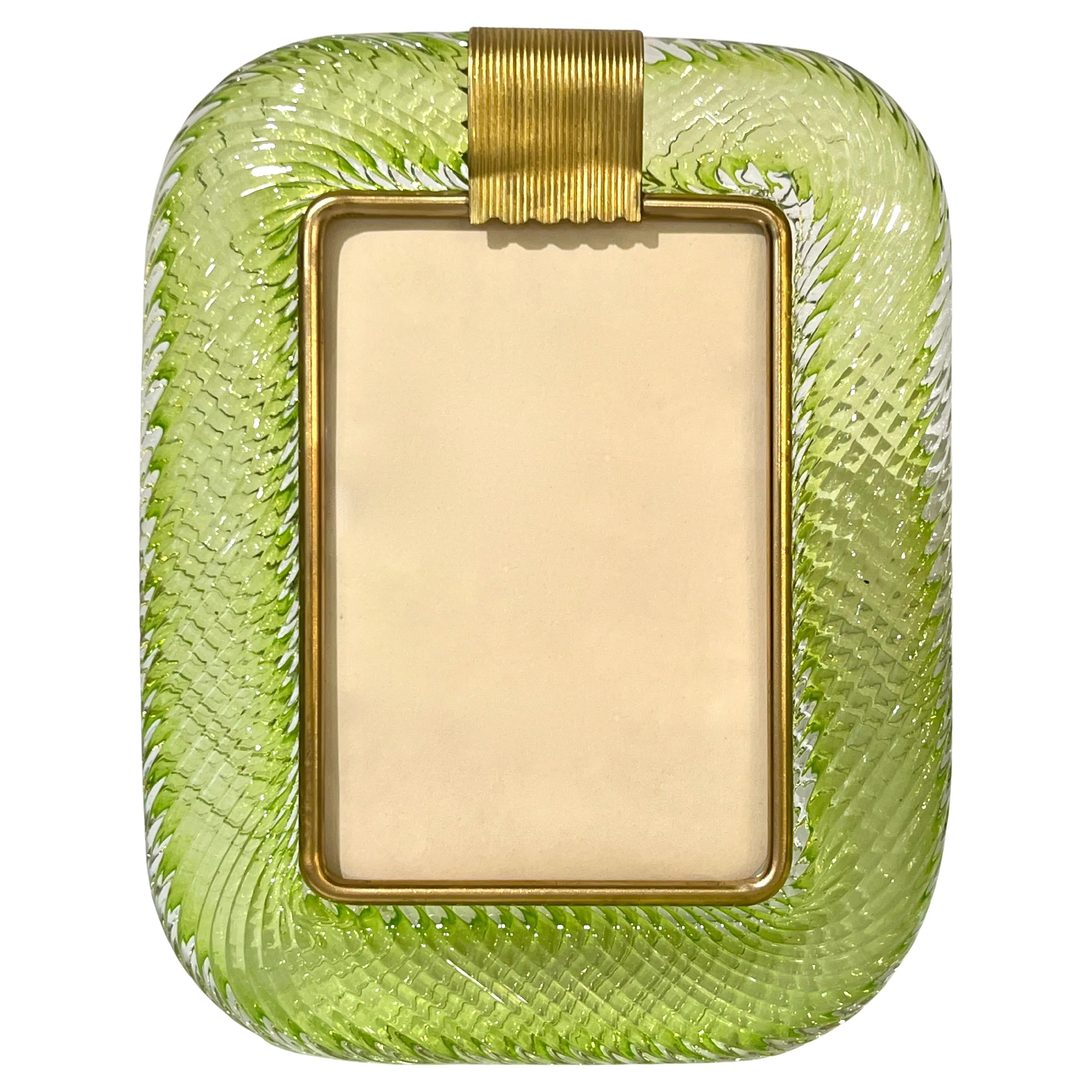 2000s Barovier Toso Italian Emerald Green Murano Glass and Brass Picture Frame 