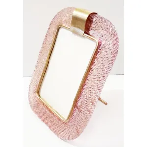 2000s Barovier Toso Italian Pink Gold Twisted Murano Glass Brass Picture Frame 