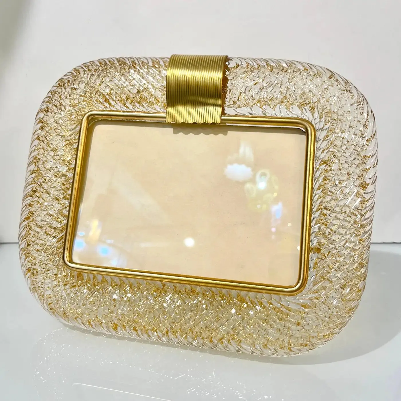 2000s Barovier Toso Italian Twisted Gold Leaf Murano Glass Brass Picture Frame
