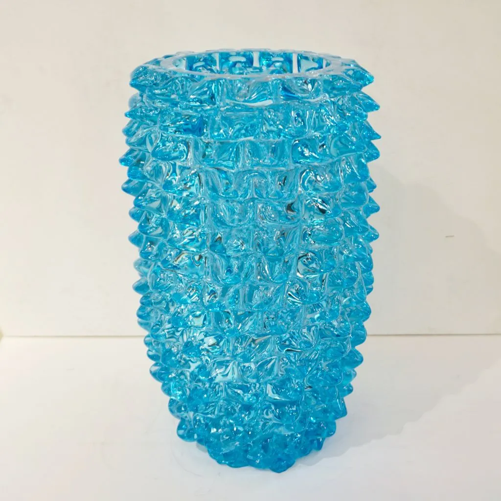 2000s Cenedese Italian Pair of Aquamarine Blue Rostrato Murano Glass Ovoid Vases