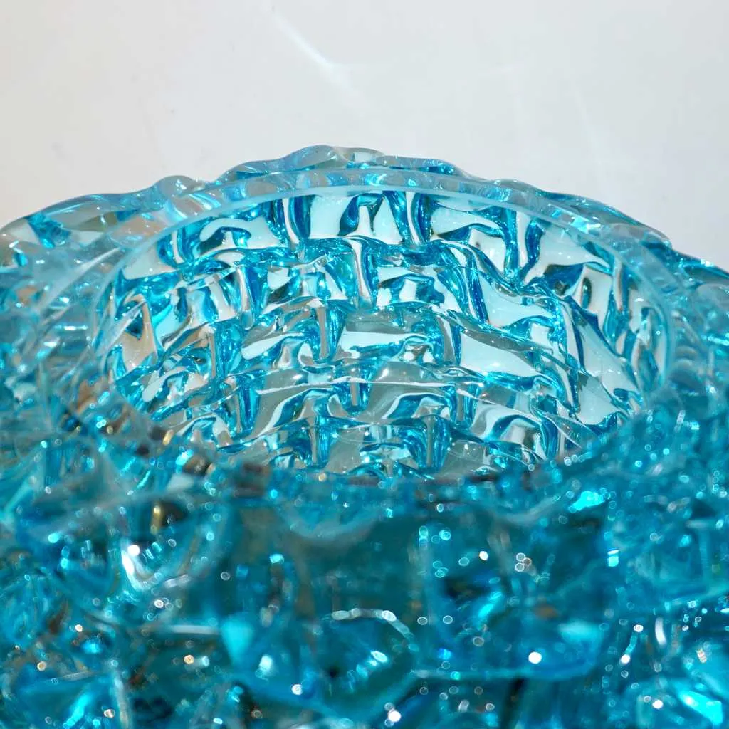 2000s Cenedese Italian Pair of Aquamarine Blue Rostrato Murano Glass Ovoid Vases