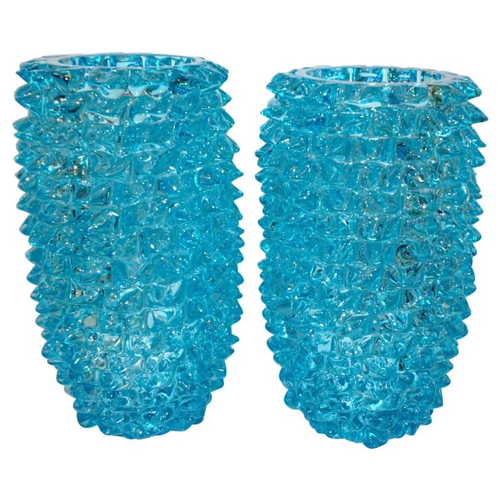 2000s Cenedese Italian Pair of Aquamarine Blue Rostrato Murano Glass Ovoid Vases 