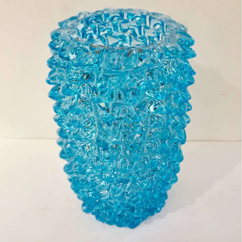 2000s Cenedese Italian Pair of Aquamarine Blue Rostrato Murano Glass Ovoid Vases