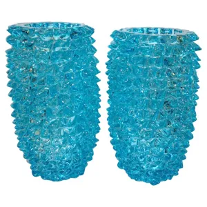 2000s Cenedese Italian Pair of Aquamarine Blue Rostrato Murano Glass Ovoid Vases 