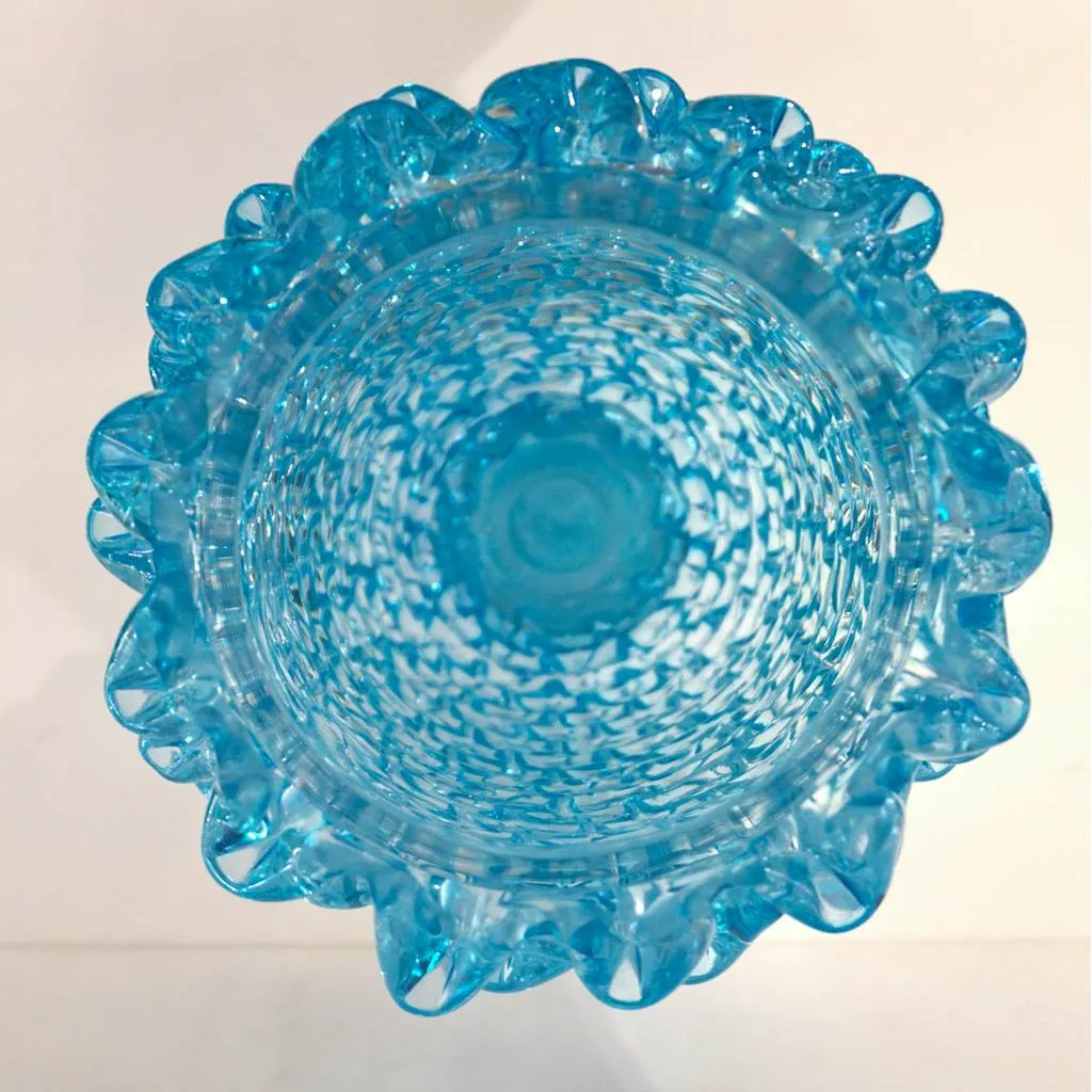 2000s Cenedese Italian Pair of Aquamarine Blue Rostrato Murano Glass Ovoid Vases