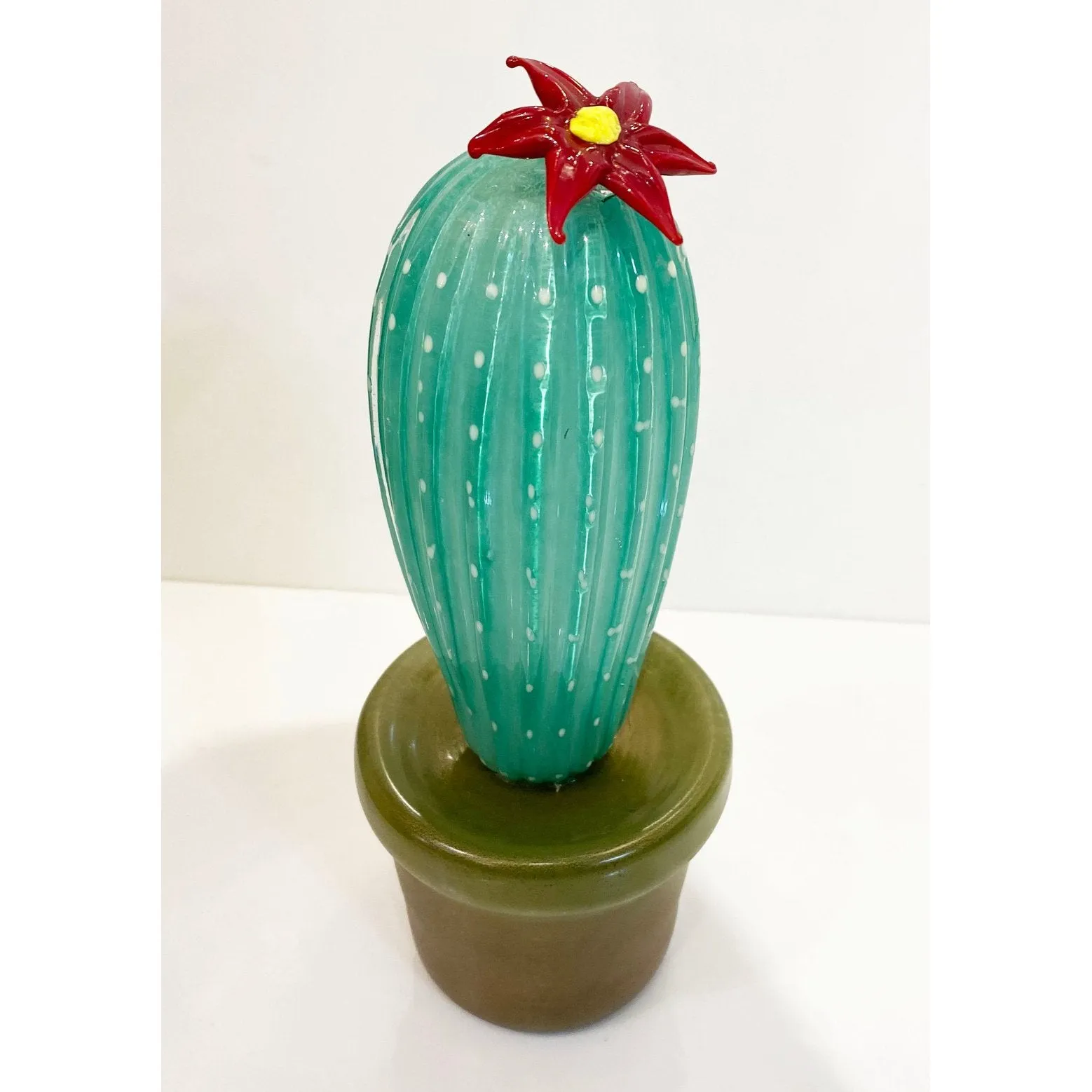 2000s Italian Green Gold Murano Art Glass Cactus Plant with Red Yellow Flower 