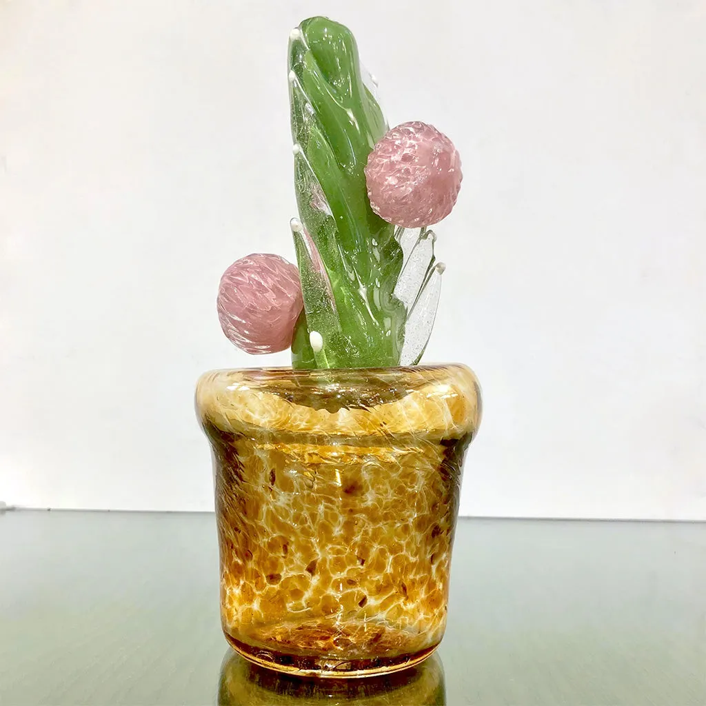 2000s Italian Green Murano Art Glass Cactus Plant with Pink Flowers in Amber Pot