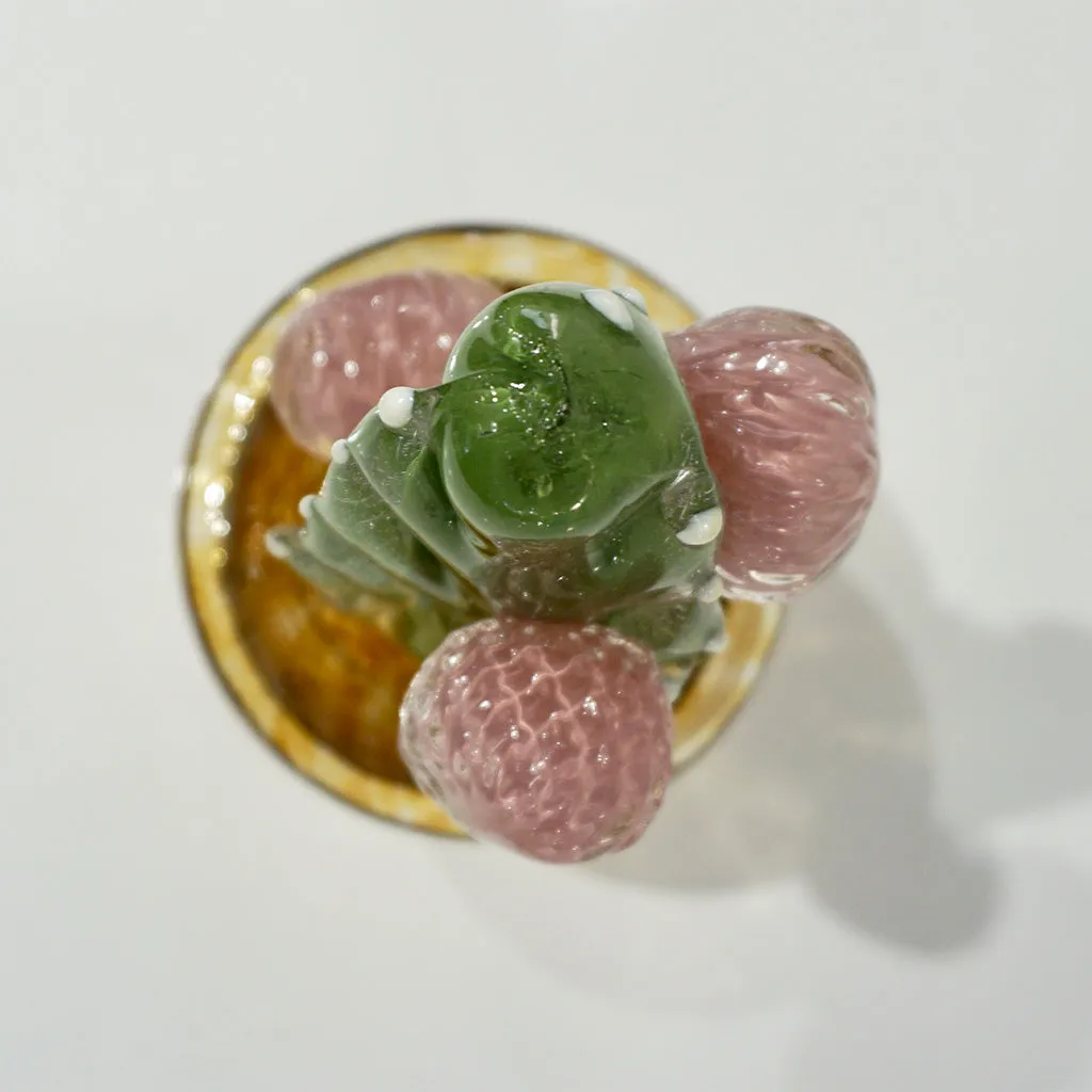 2000s Italian Green Murano Art Glass Cactus Plant with Pink Flowers in Amber Pot