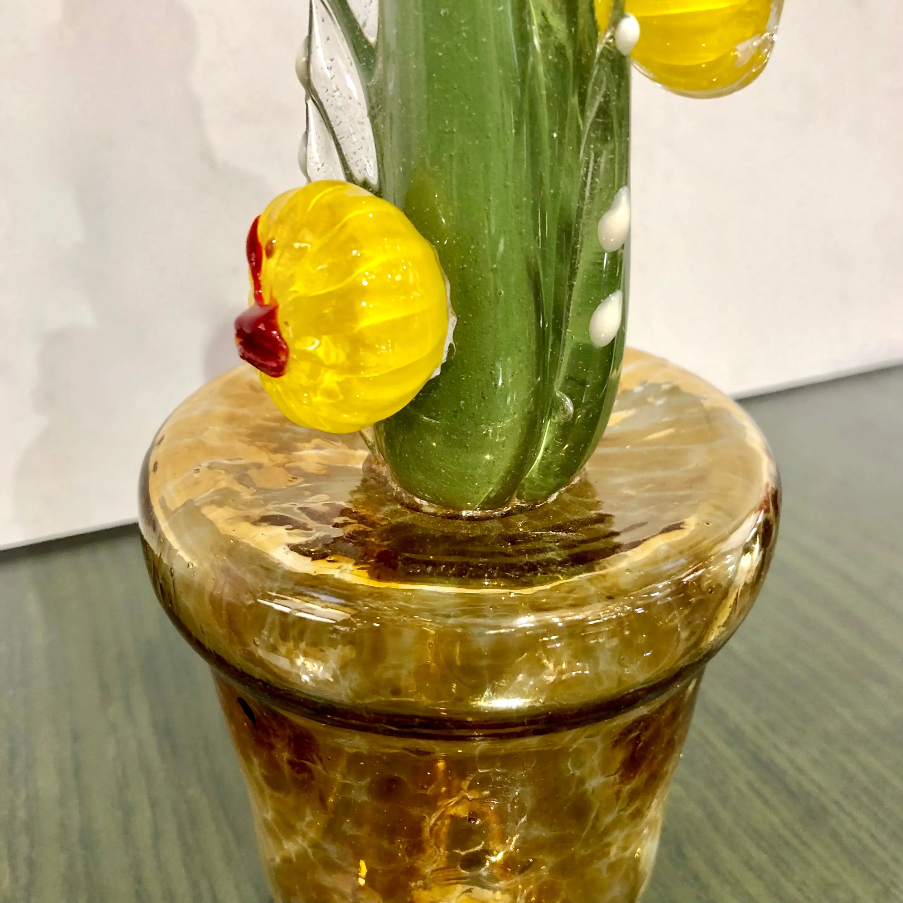 2000s Italian Green Murano Glass Cactus Plant with Yellow Flowers in Gold Pot