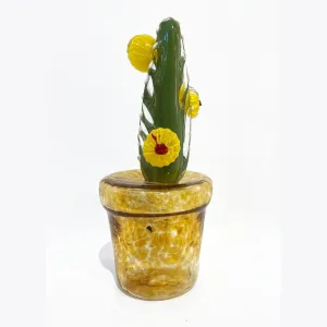 2000s Italian Green Murano Glass Cactus Plant with Yellow Flowers in Gold Pot 