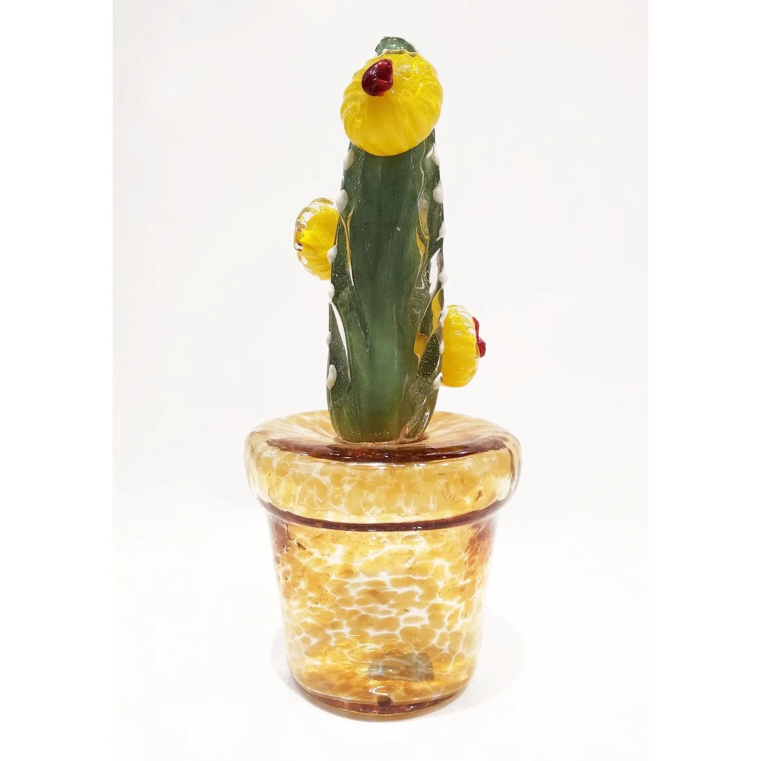 2000s Italian Green Murano Glass Cactus Plant with Yellow Flowers in Gold Pot