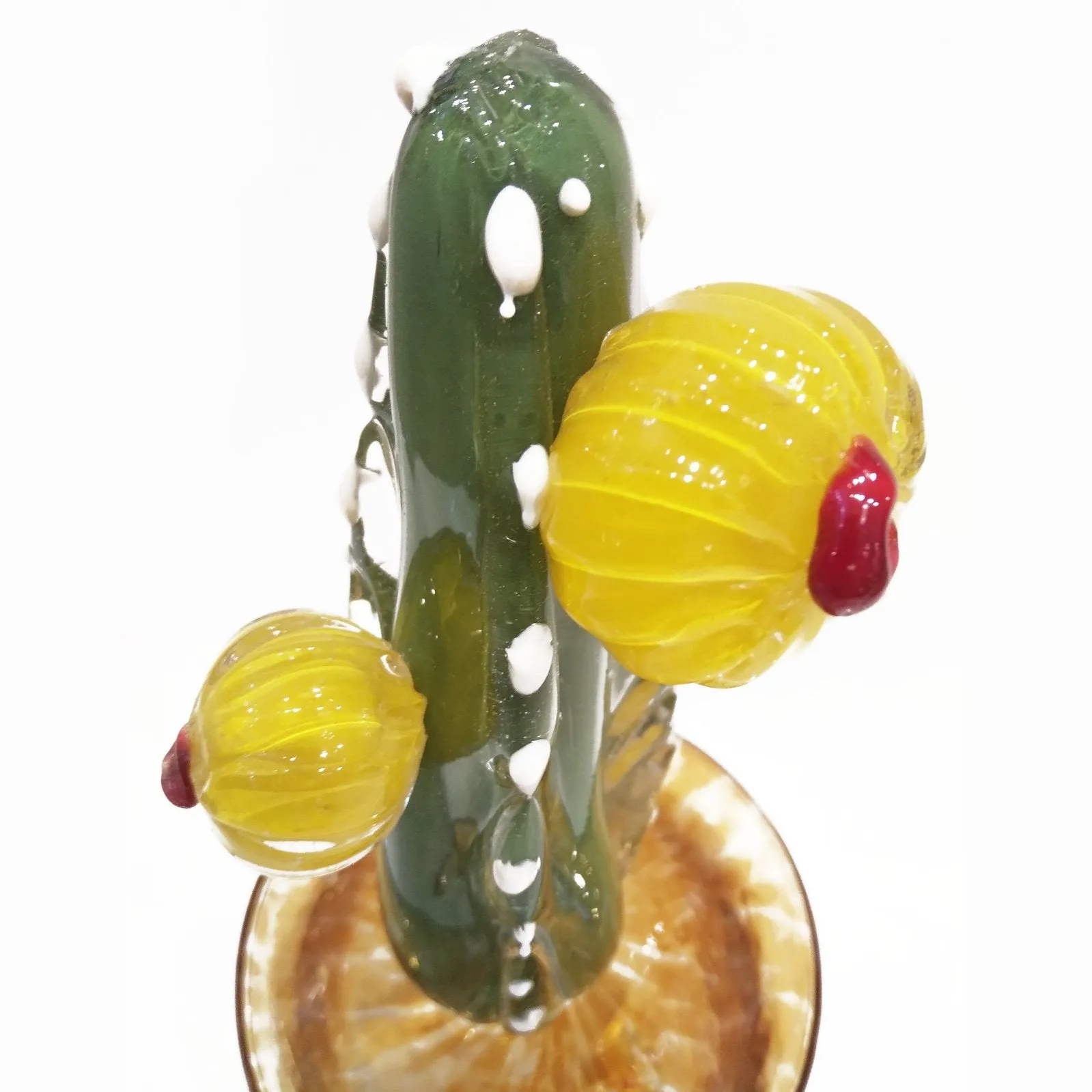 2000s Italian Green Murano Glass Cactus Plant with Yellow Flowers in Gold Pot
