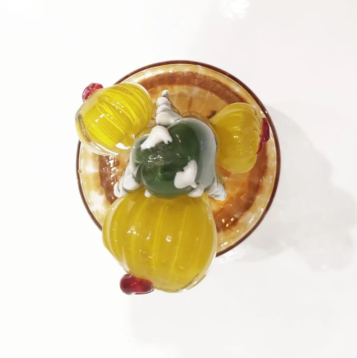 2000s Italian Green Murano Glass Cactus Plant with Yellow Flowers in Gold Pot