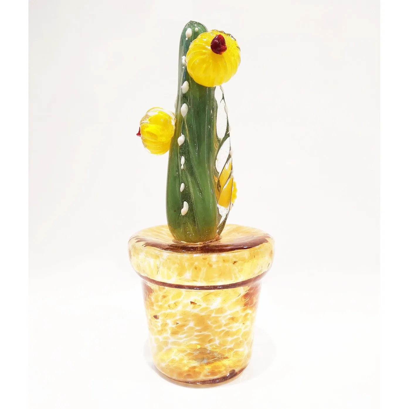2000s Italian Green Murano Glass Cactus Plant with Yellow Flowers in Gold Pot