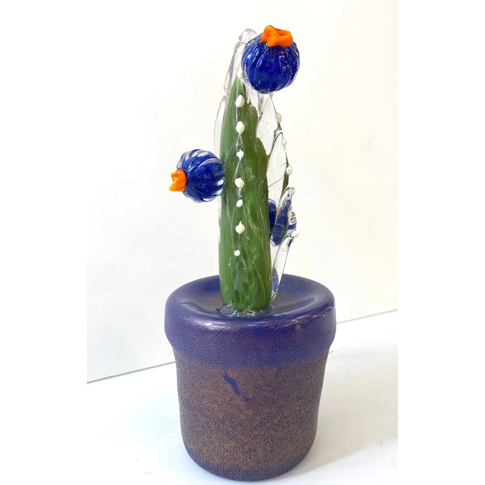 2000s Italian Moss Green Gold Murano Art Glass Cactus Plant with Blue Flowers