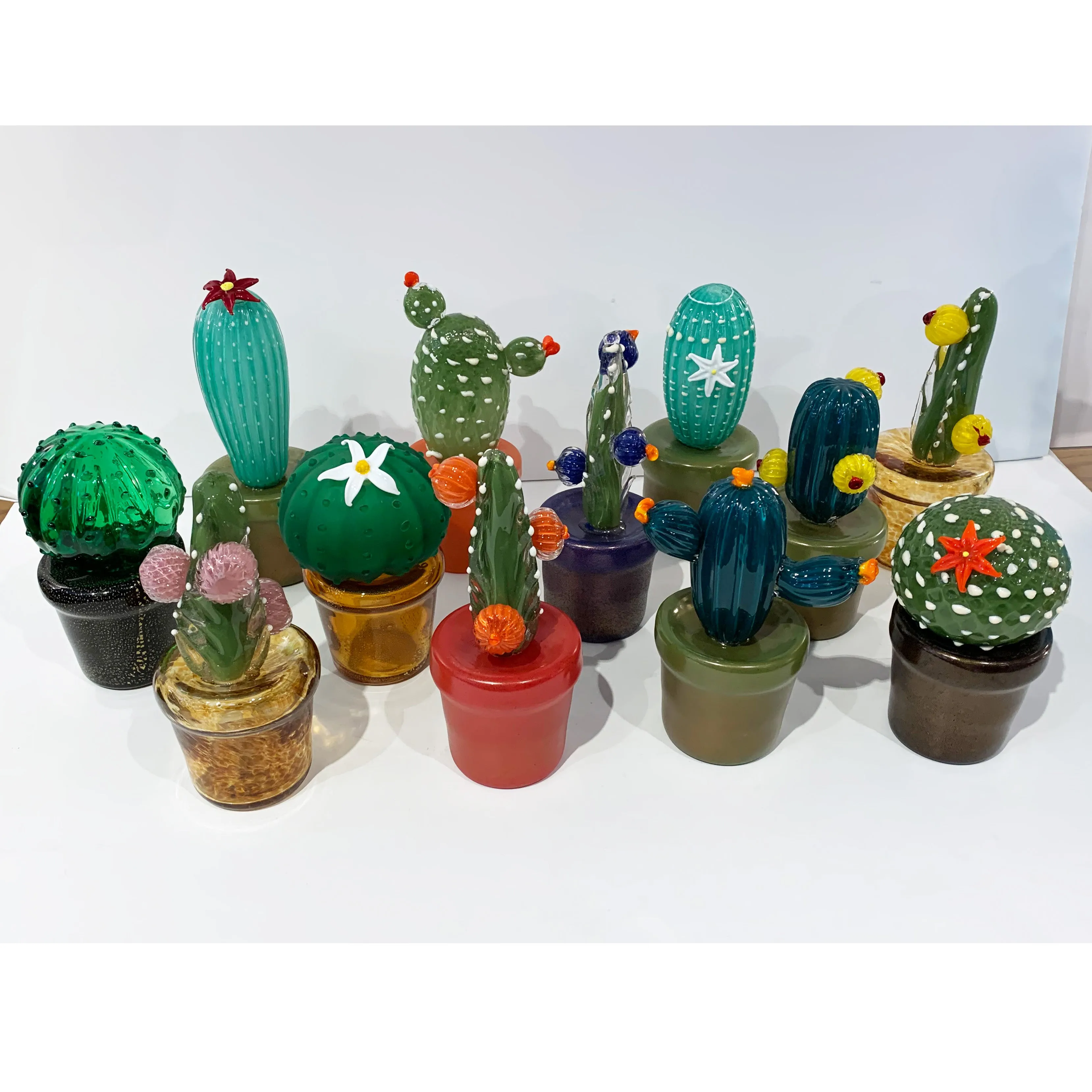 2000s Italian Moss Green Gold Murano Art Glass Cactus Plant with Blue Flowers