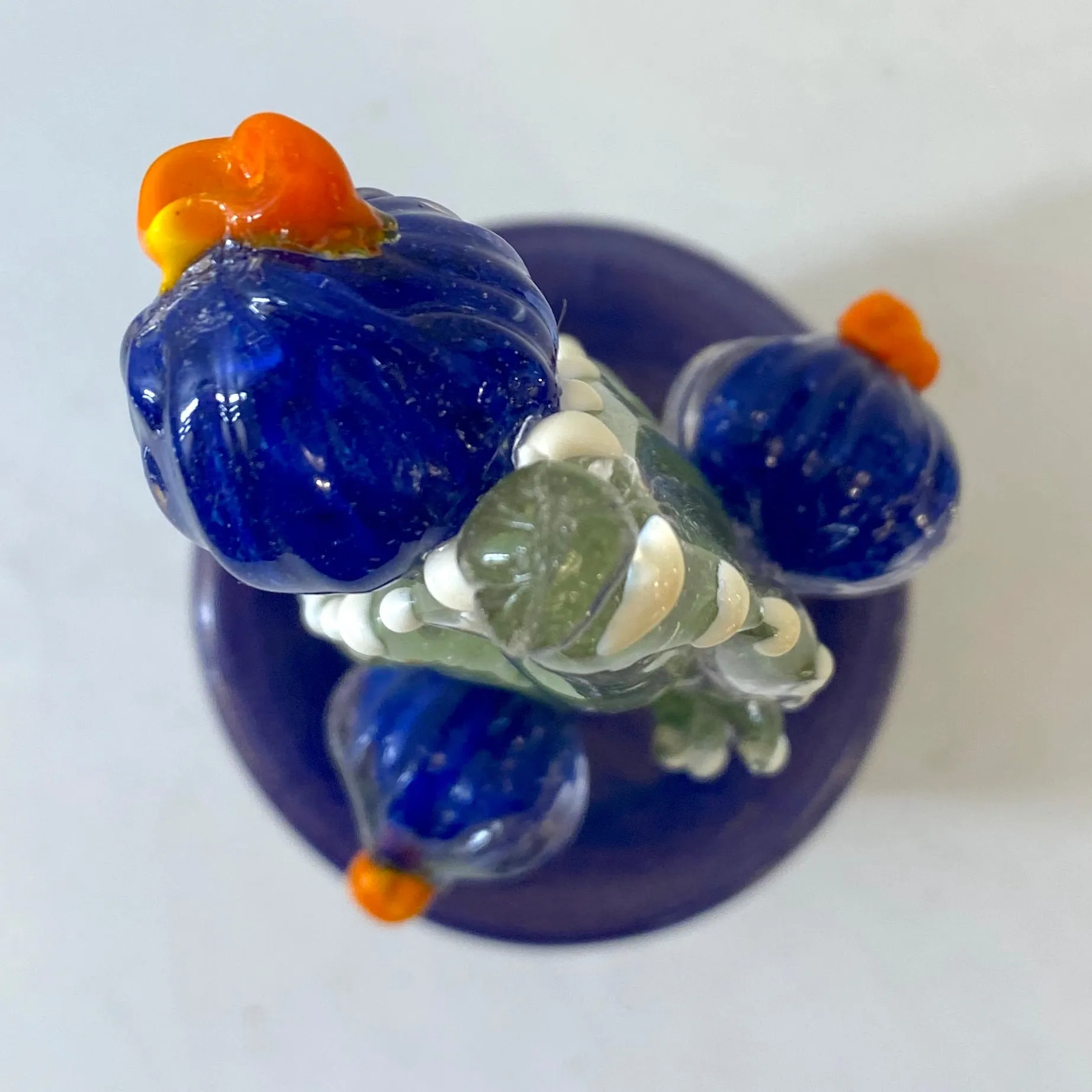 2000s Italian Moss Green Gold Murano Art Glass Cactus Plant with Blue Flowers