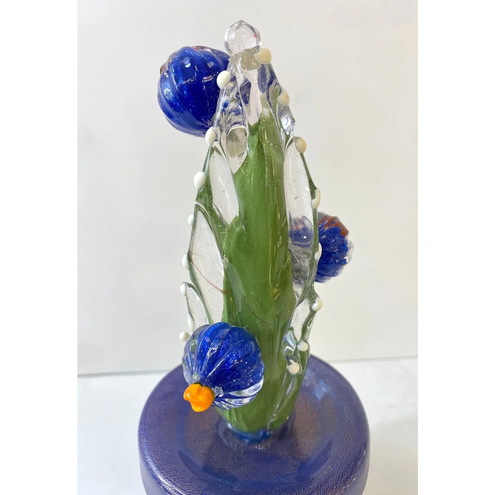 2000s Italian Moss Green Gold Murano Art Glass Cactus Plant with Blue Flowers