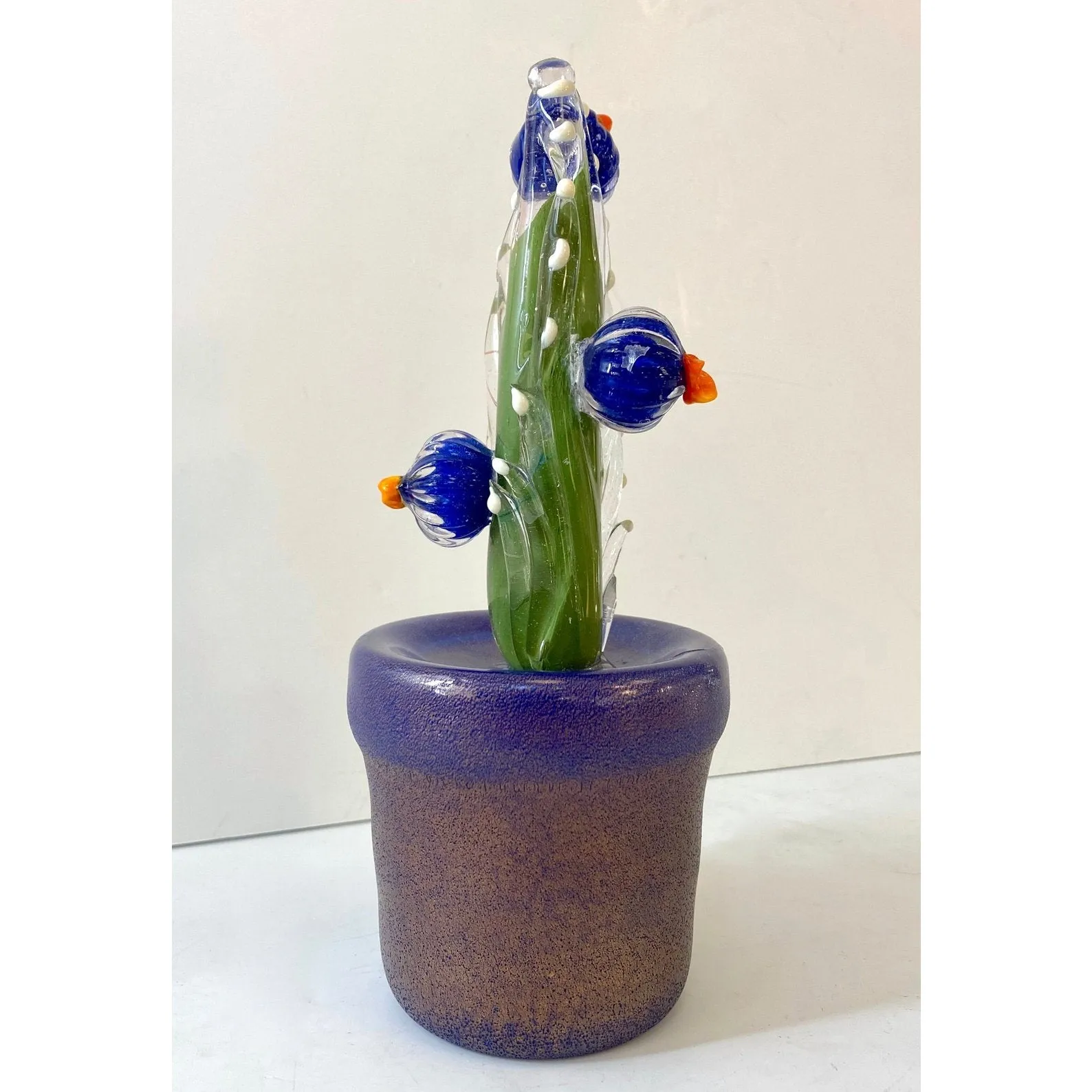 2000s Italian Moss Green Gold Murano Art Glass Cactus Plant with Blue Flowers