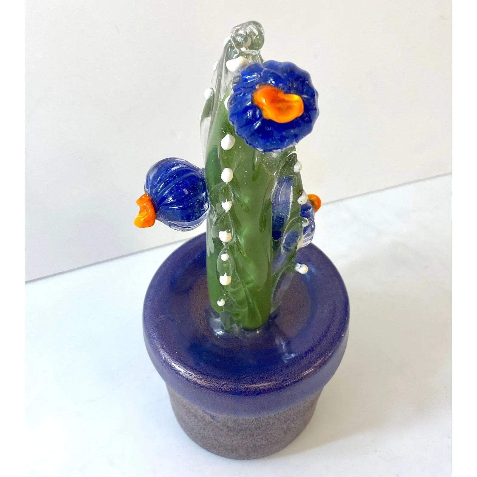 2000s Italian Moss Green Gold Murano Art Glass Cactus Plant with Blue Flowers