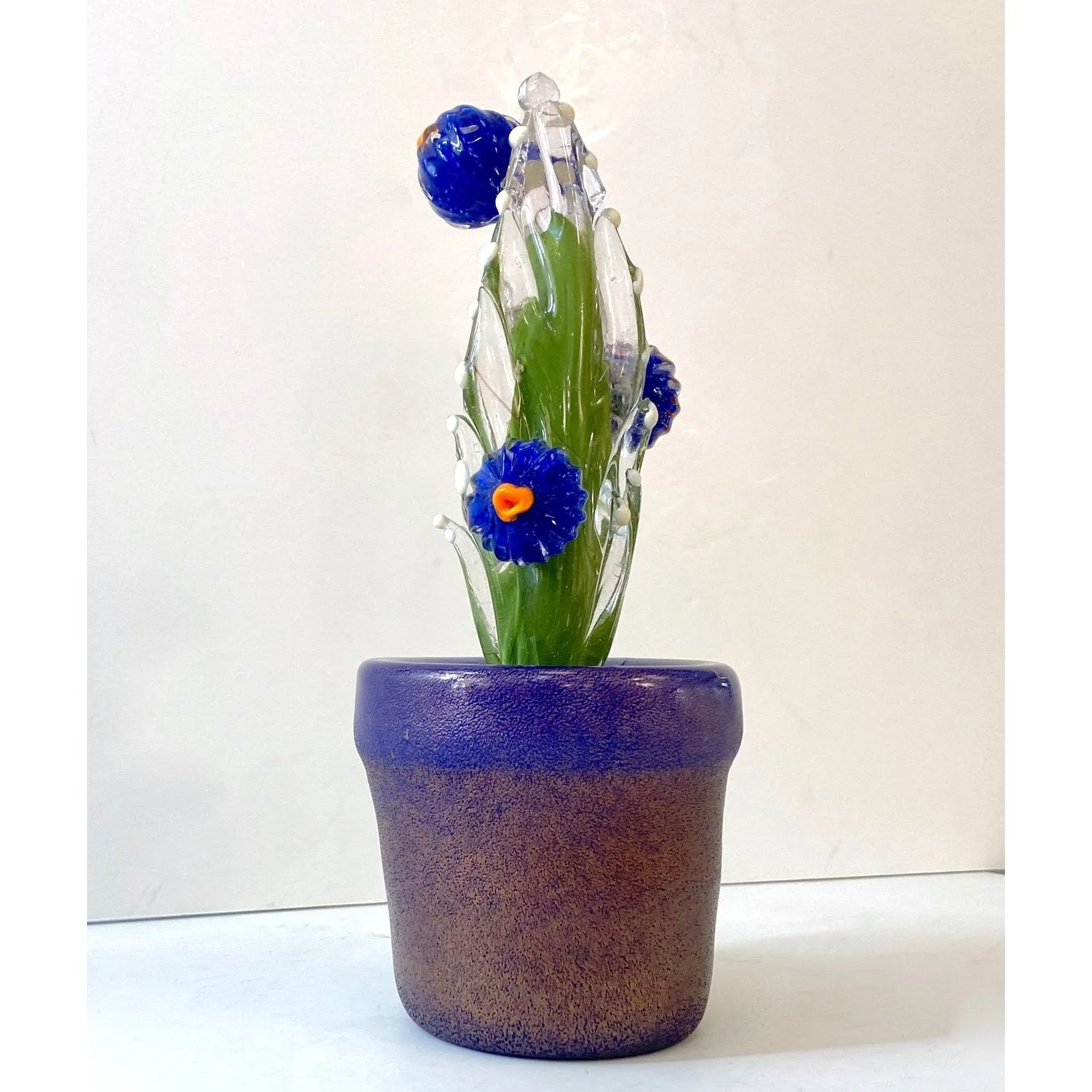 2000s Italian Moss Green Gold Murano Art Glass Cactus Plant with Blue Flowers