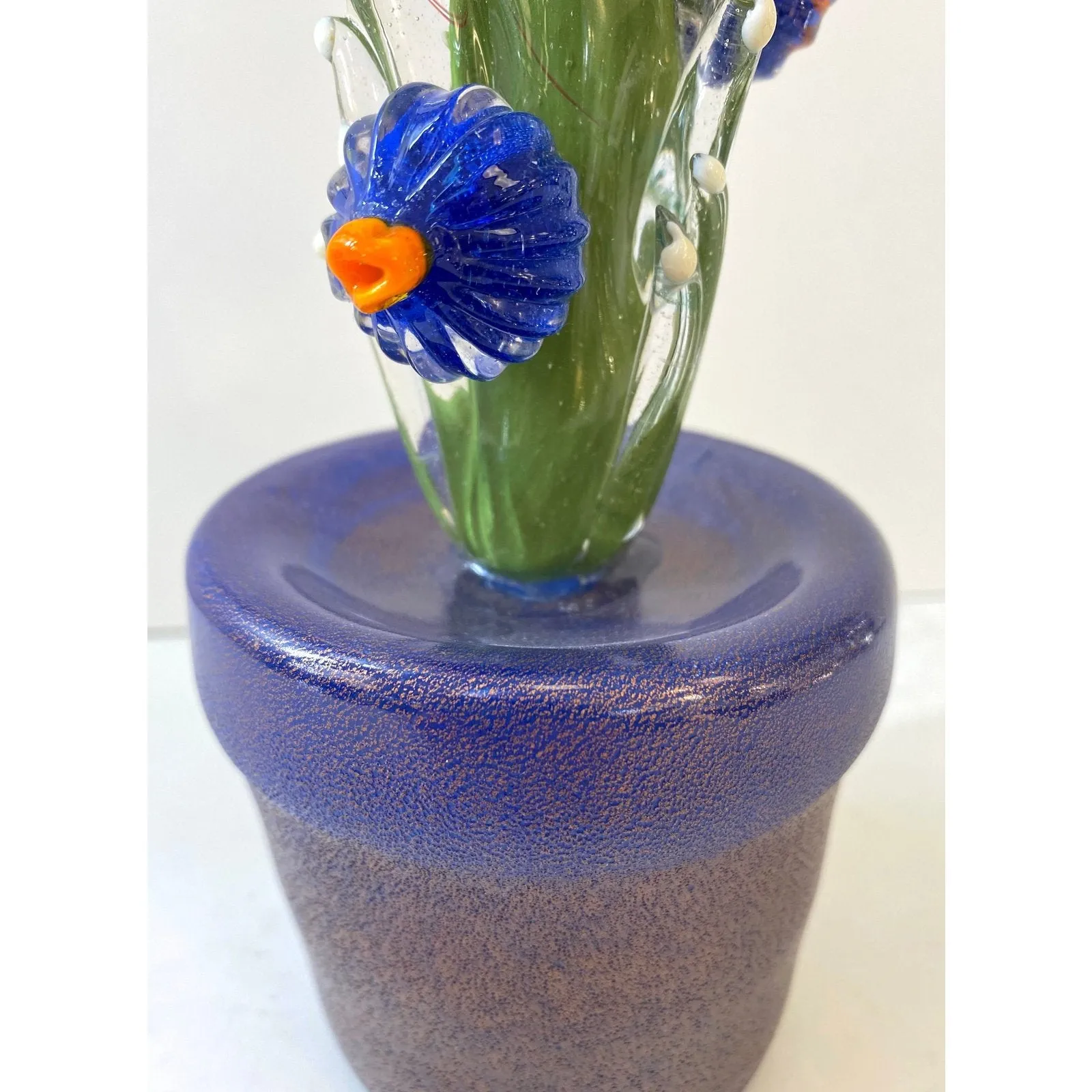 2000s Italian Moss Green Gold Murano Art Glass Cactus Plant with Blue Flowers