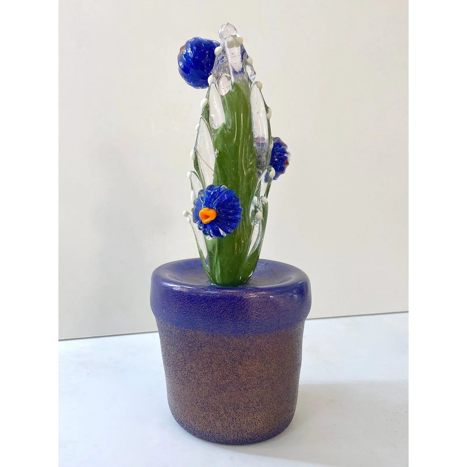 2000s Italian Moss Green Gold Murano Art Glass Cactus Plant with Blue Flowers