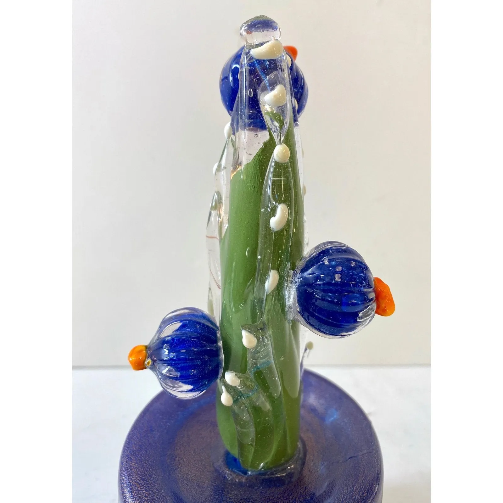 2000s Italian Moss Green Gold Murano Art Glass Cactus Plant with Blue Flowers