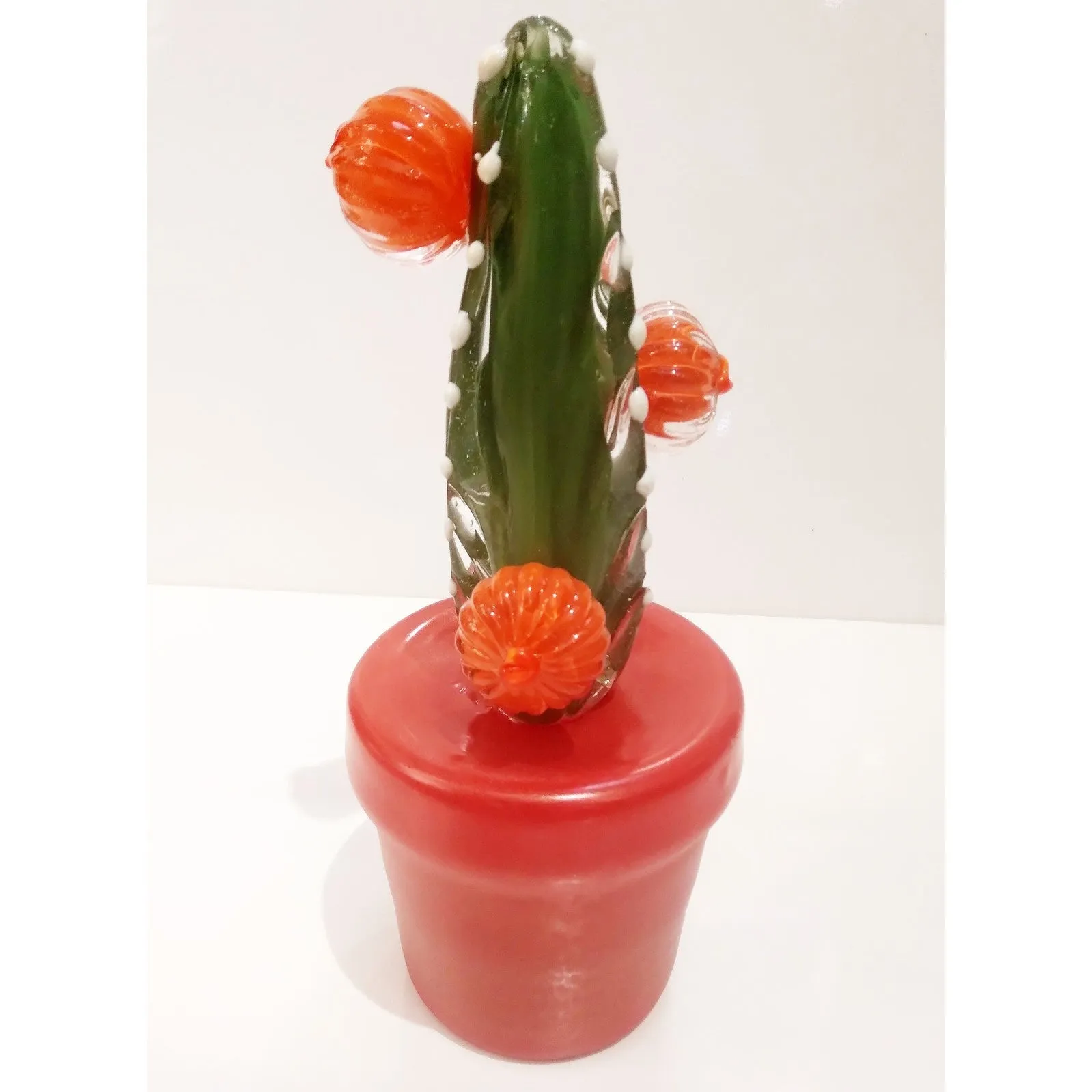 2000s Italian Moss Green Gold Murano Art Glass Cactus Plant with Orange Flowers