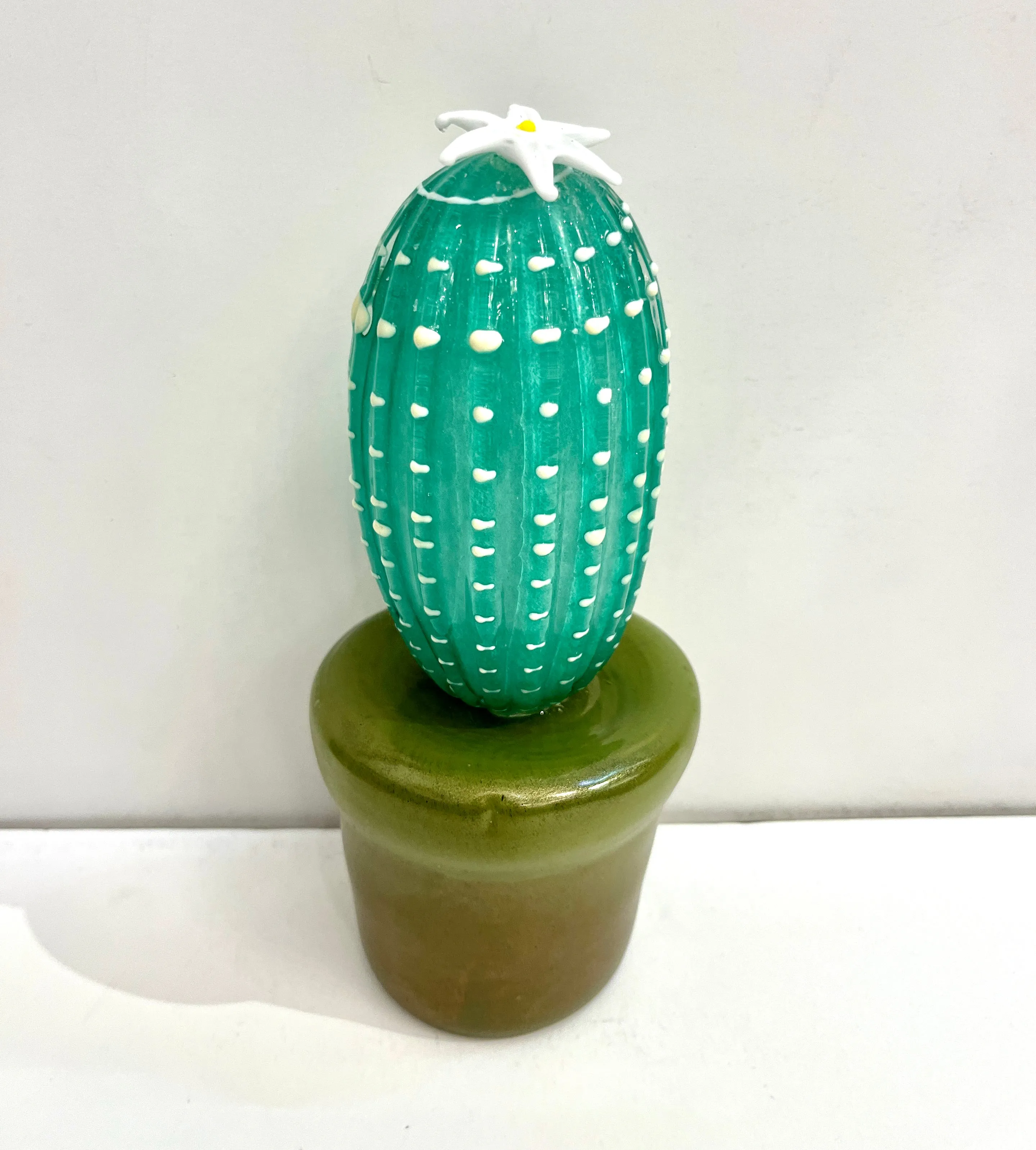 2000s Italian Moss Green Gold Murano Art Glass Cactus Plant with White Flower 