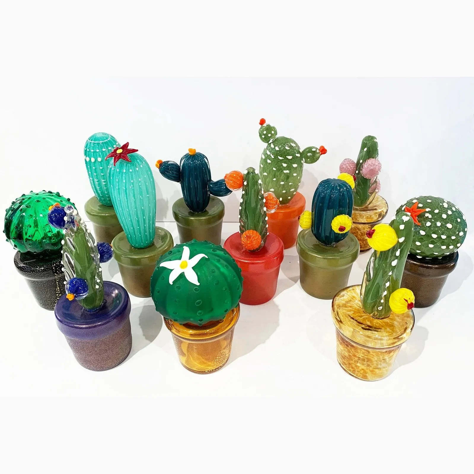 2000s Italian Moss Green Gold Murano Art Glass Cactus Plant with White Flower