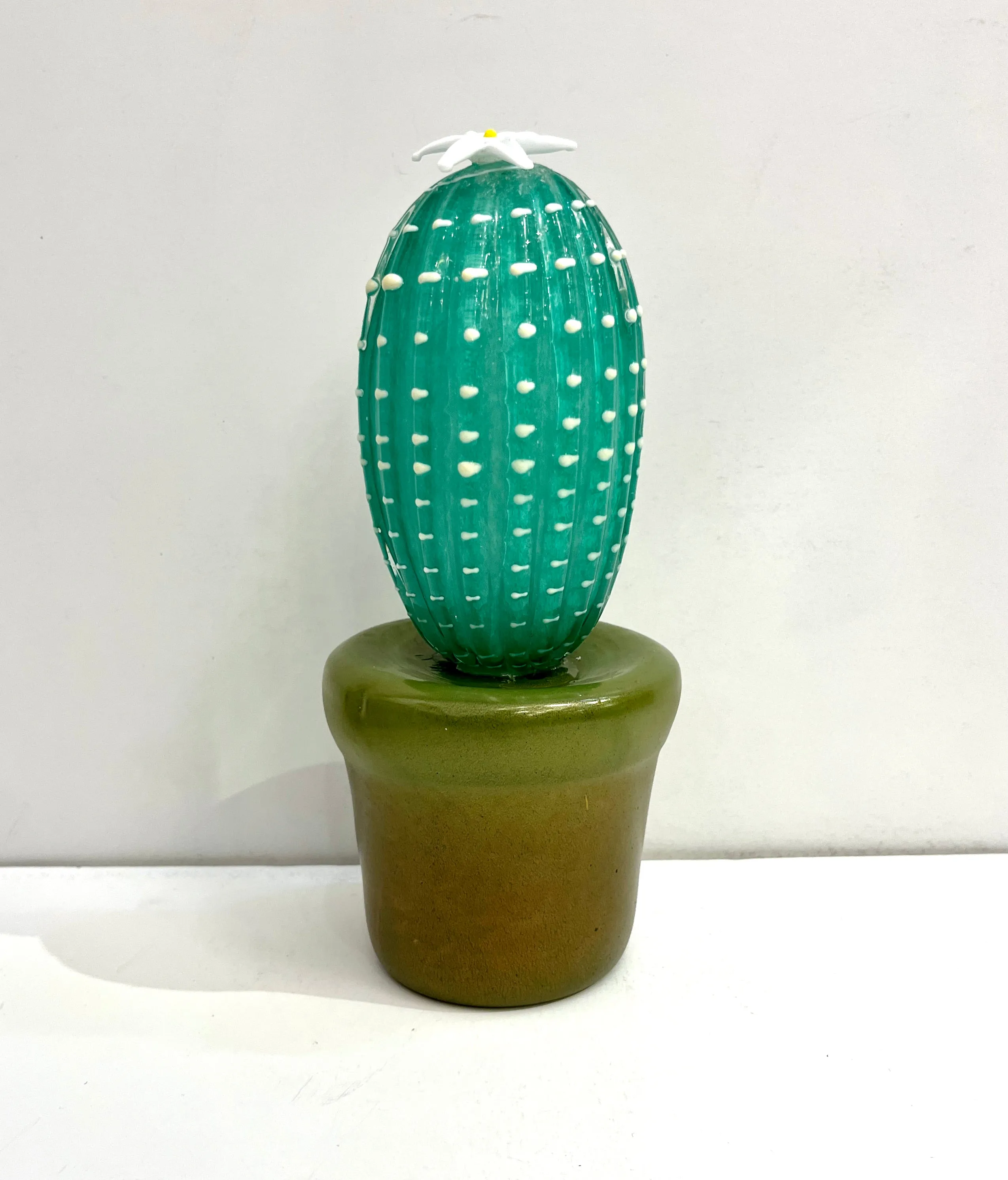 2000s Italian Moss Green Gold Murano Art Glass Cactus Plant with White Flower