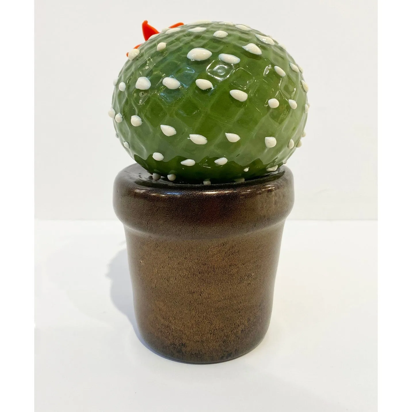 2000s Italian Moss Green White Murano Art Glass Cactus Plant with Red Flower