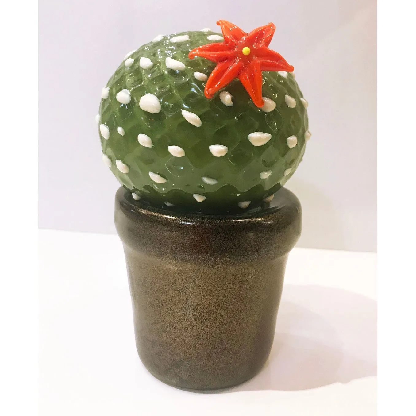 2000s Italian Moss Green White Murano Art Glass Cactus Plant with Red Flower 