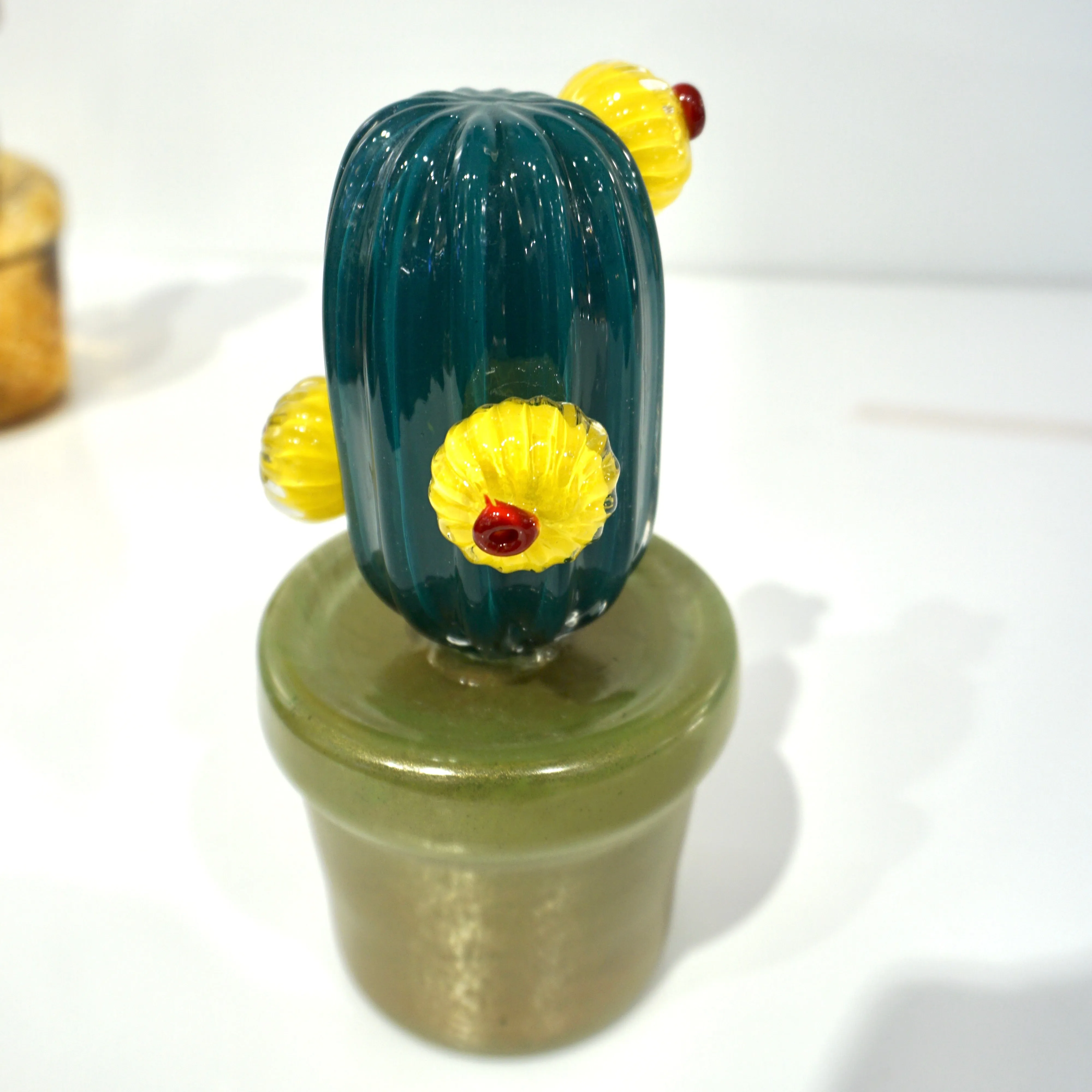 2000s Italian Teal Gold Green Murano Art Glass Cactus Plant with Yellow Flowers