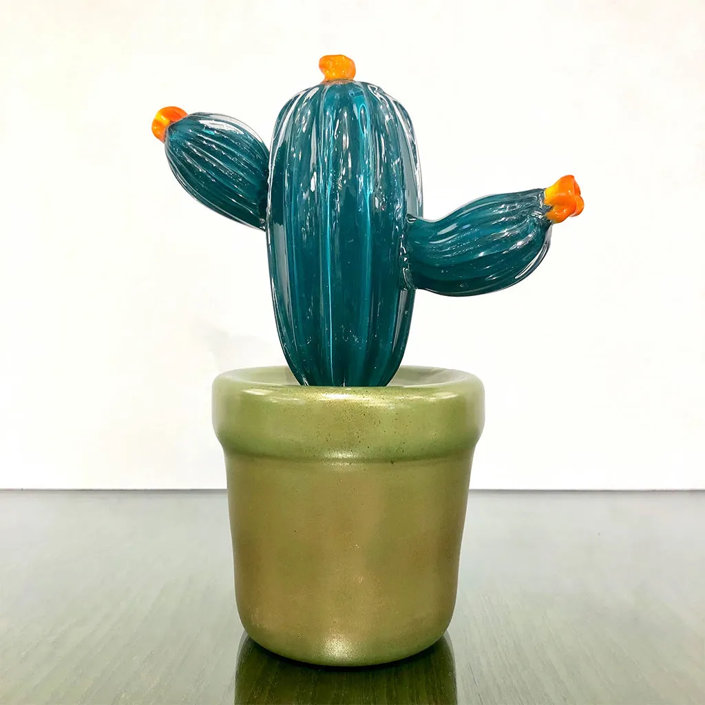 2000s Italian Teal Green Gold Murano Art Glass Cactus Plant with Orange Flowers 