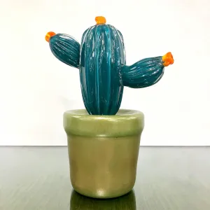 2000s Italian Teal Green Gold Murano Art Glass Cactus Plant with Orange Flowers 