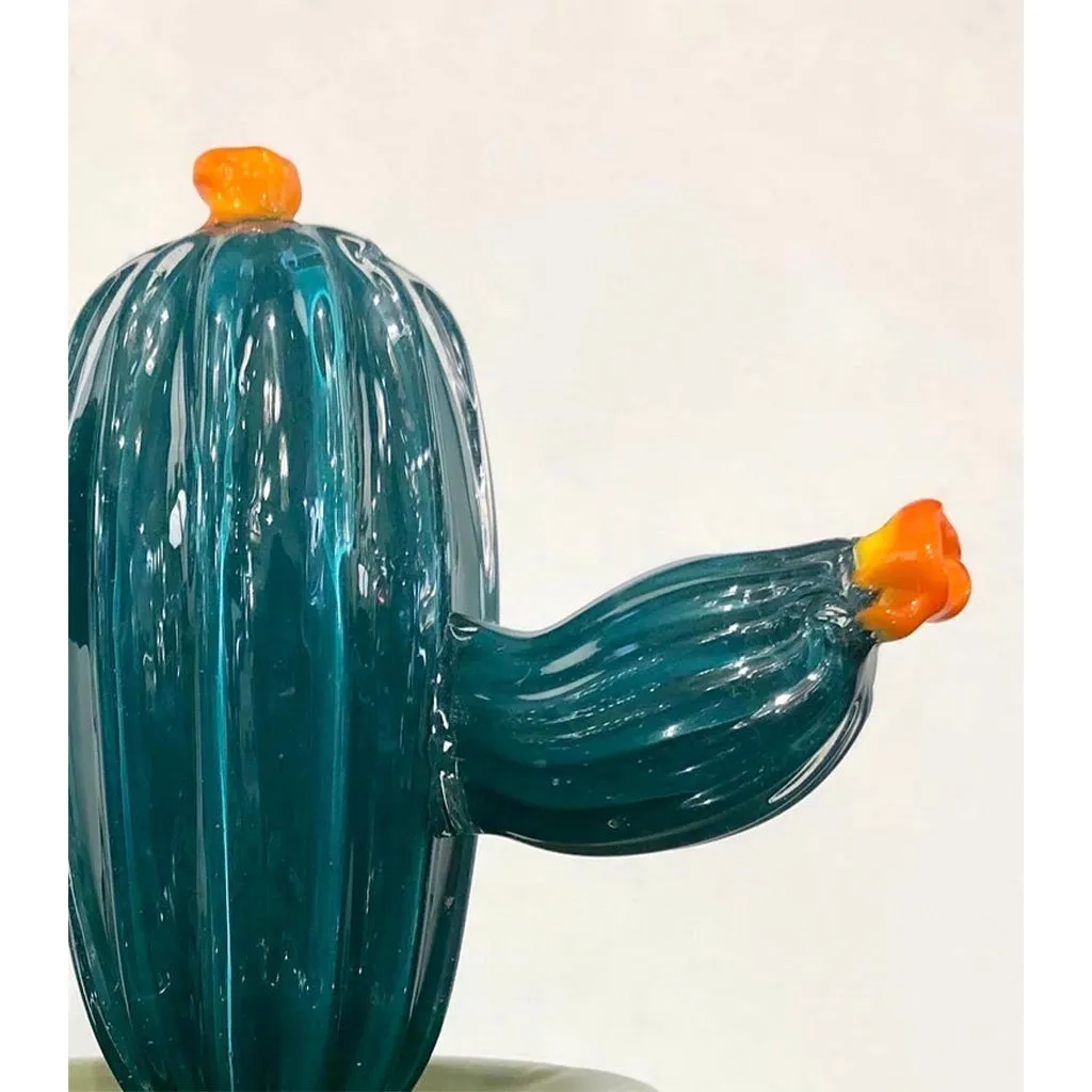 2000s Italian Teal Green Gold Murano Art Glass Cactus Plant with Orange Flowers