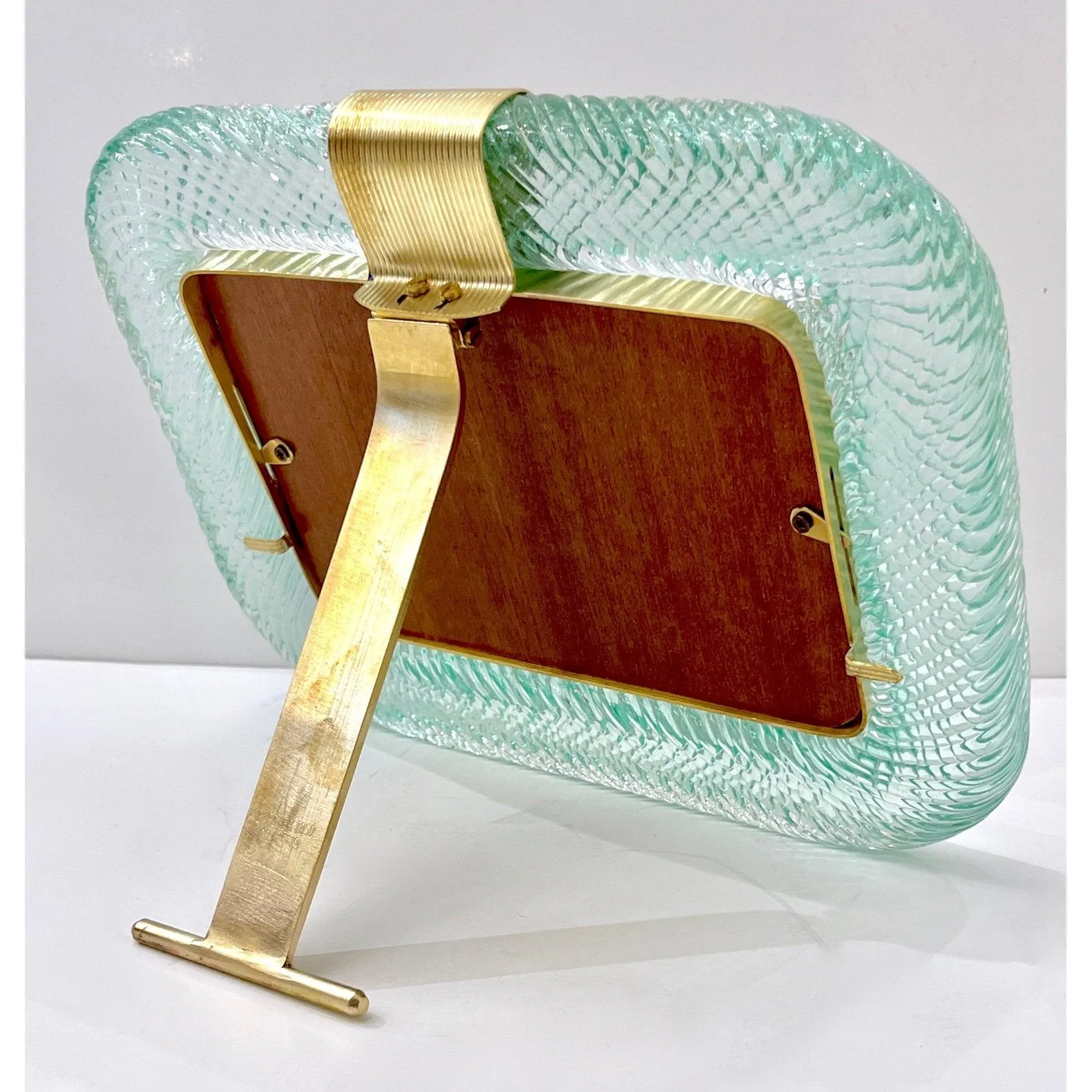 2000s Italian Vintage Aquamarine Blue Twisted Murano Glass & Brass Picture Frame