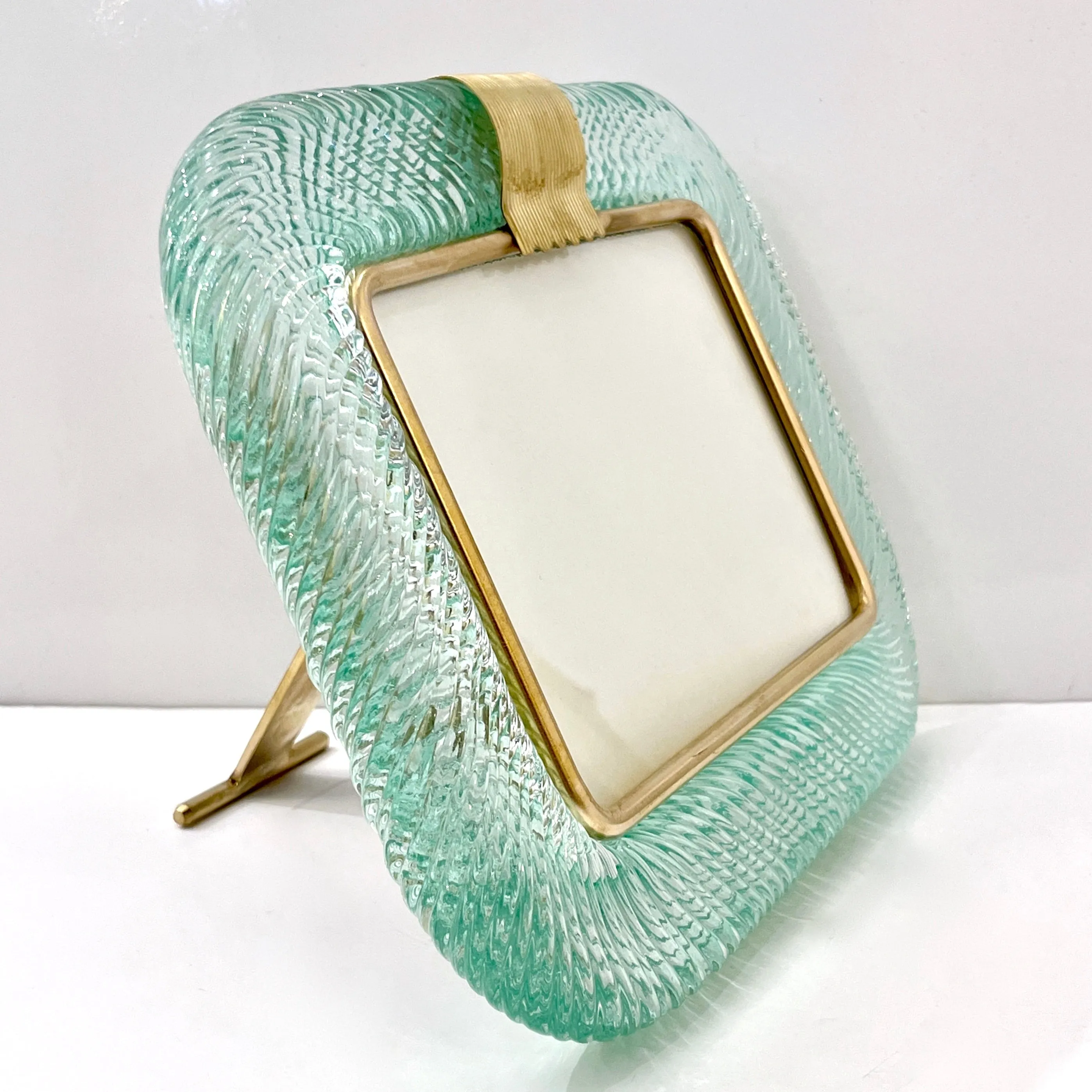 2000s Italian Vintage Aquamarine Blue Twisted Murano Glass & Brass Picture Frame