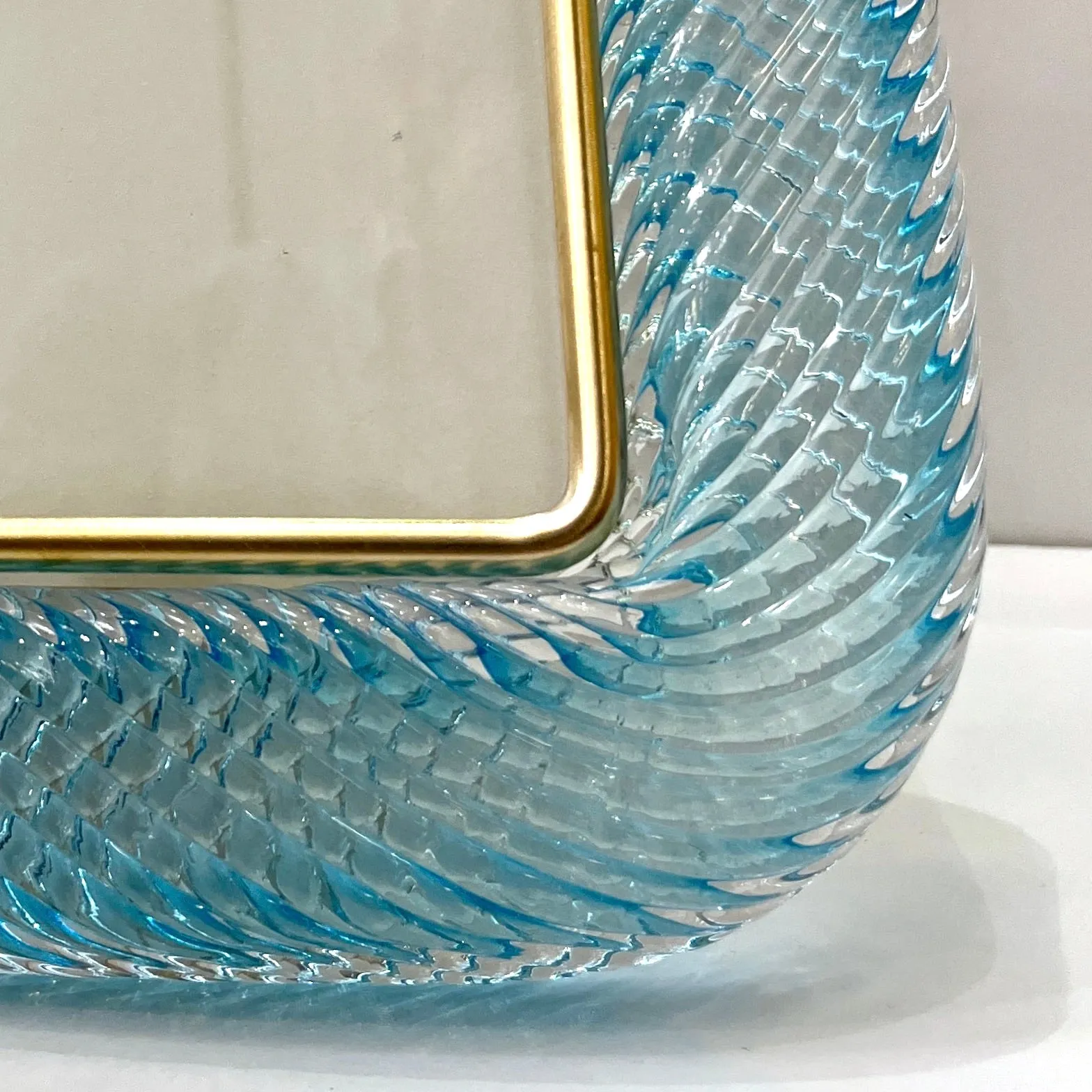 2000s Italian Vintage Aquamarine Blue Twisted Murano Glass & Brass Picture Frame