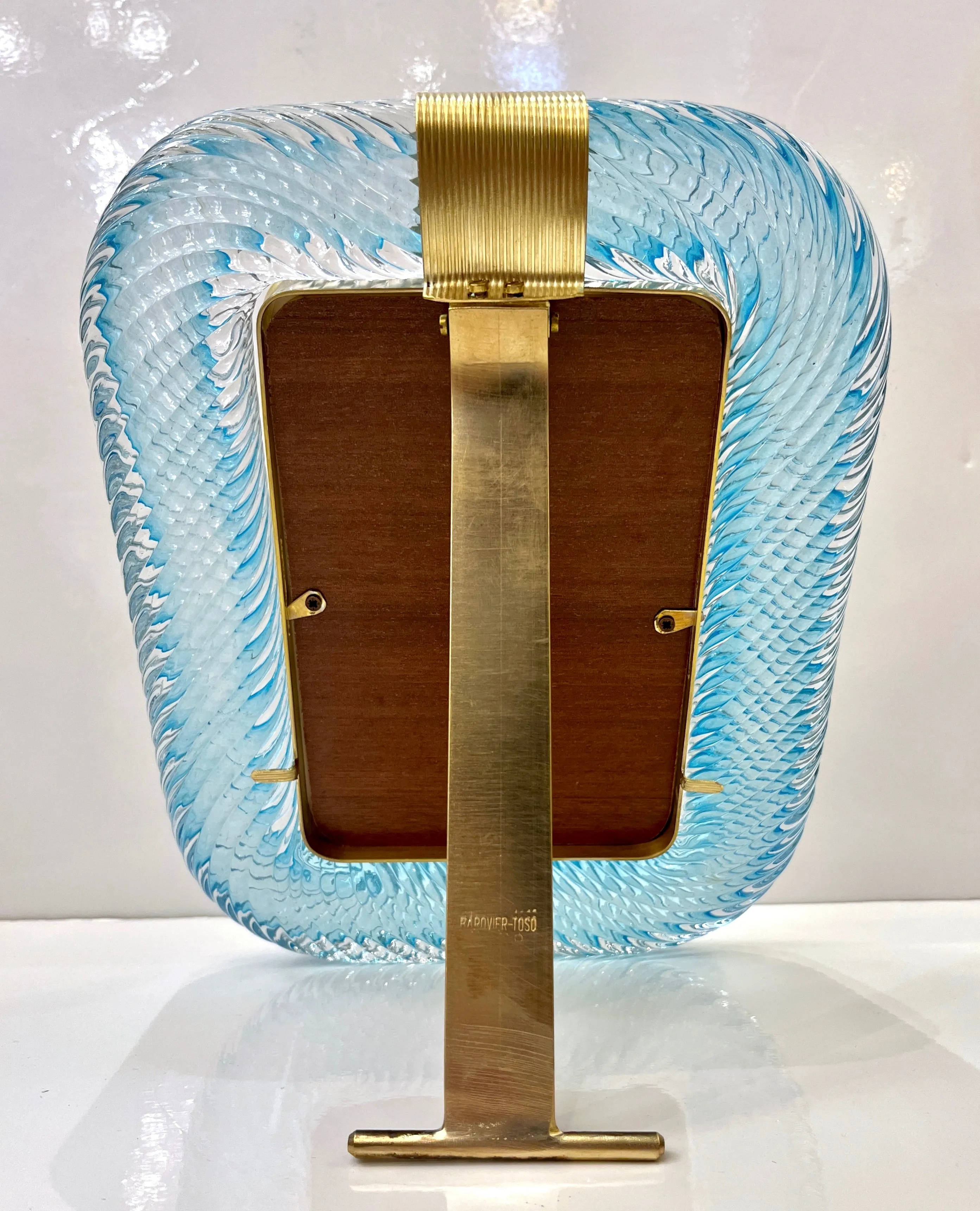 2000s Italian Vintage Aquamarine Blue Twisted Murano Glass & Brass Picture Frame