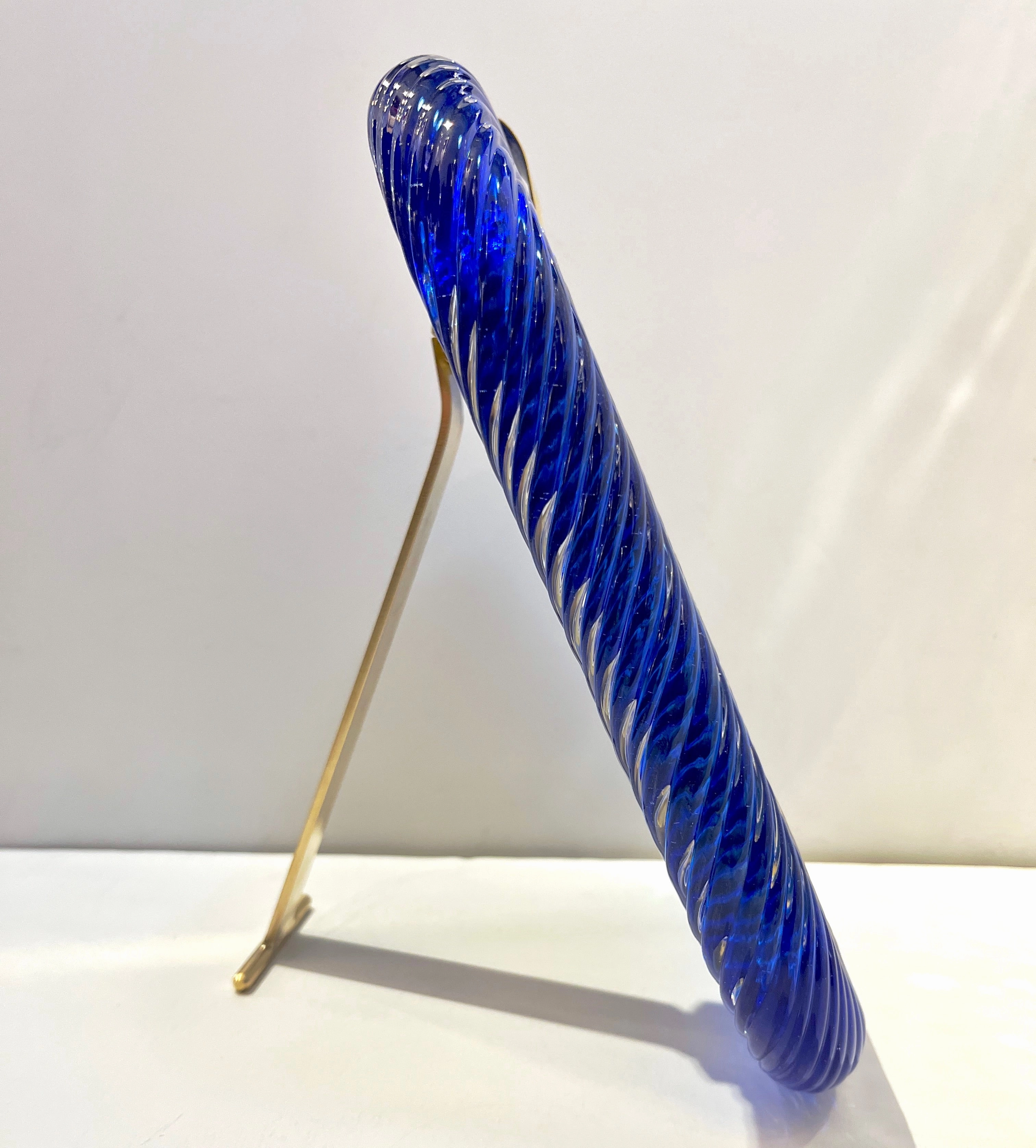 2000s Barovier Toso Italian Royal Blue Twisted Murano Glass Brass Picture Frame