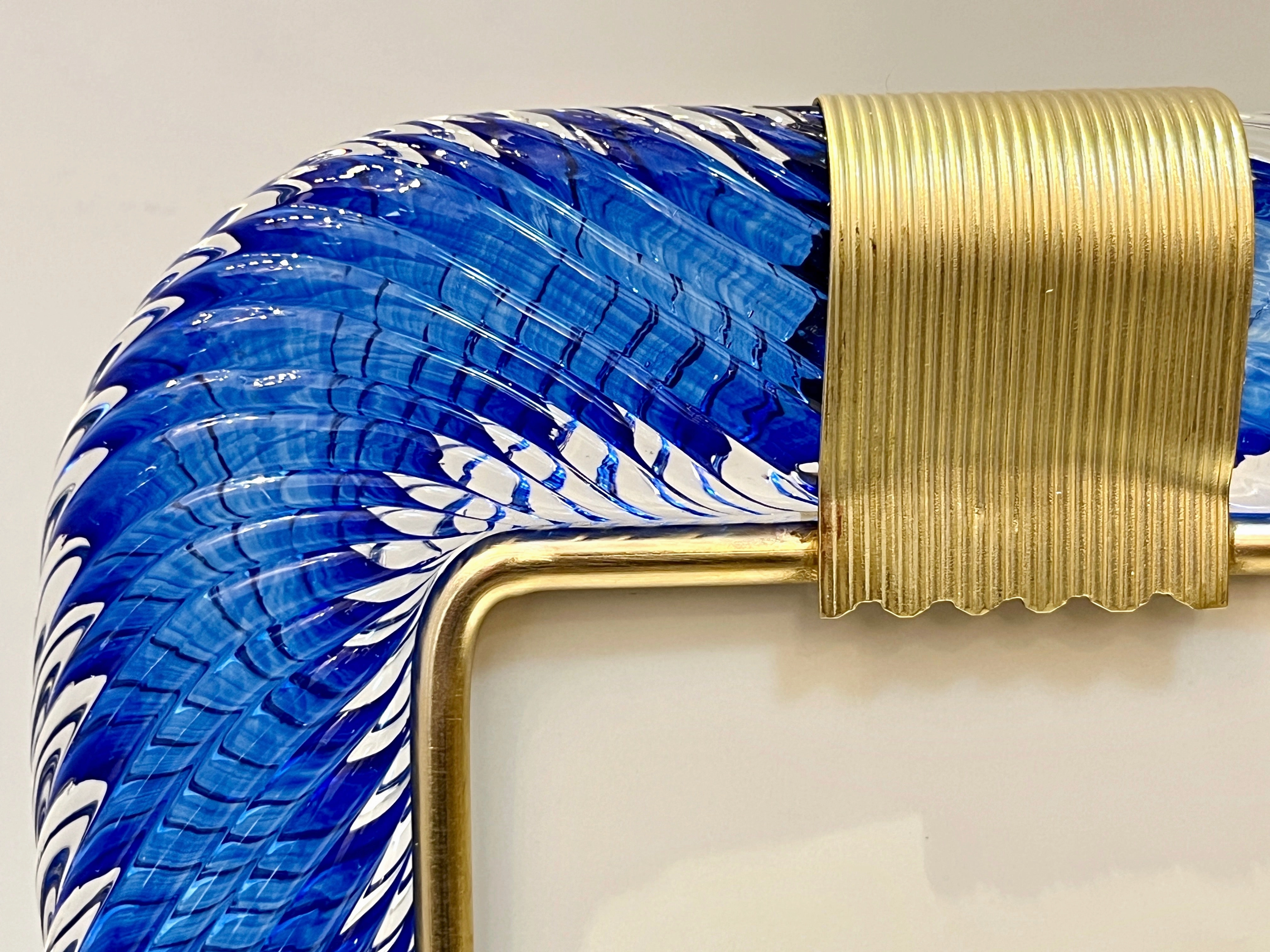 2000s Barovier Toso Italian Royal Blue Twisted Murano Glass Brass Picture Frame