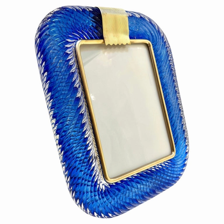 2000s Barovier Toso Italian Royal Blue Twisted Murano Glass Brass Picture Frame 