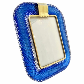 2000s Barovier Toso Italian Royal Blue Twisted Murano Glass Brass Picture Frame 