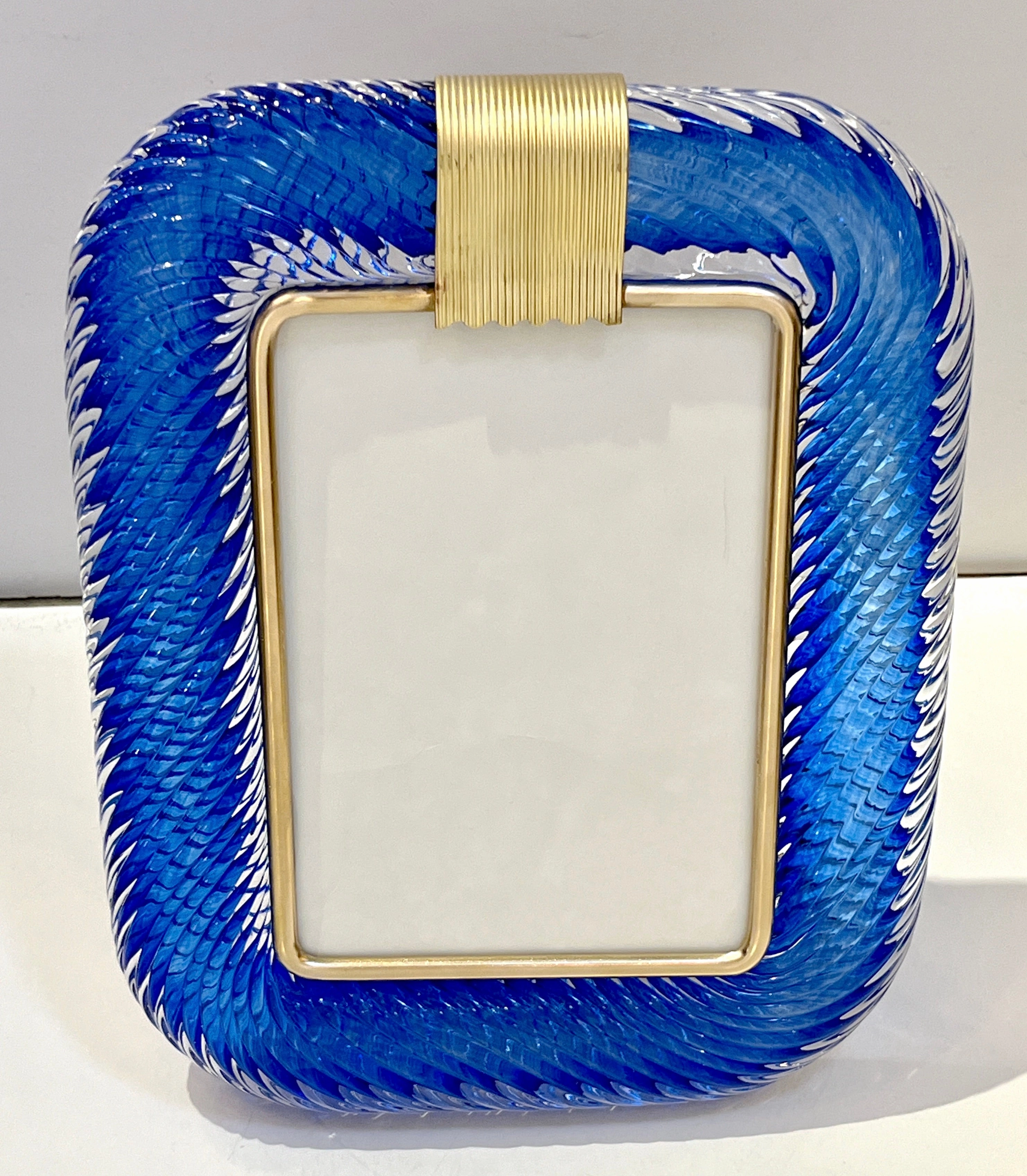 2000s Barovier Toso Italian Royal Blue Twisted Murano Glass Brass Picture Frame